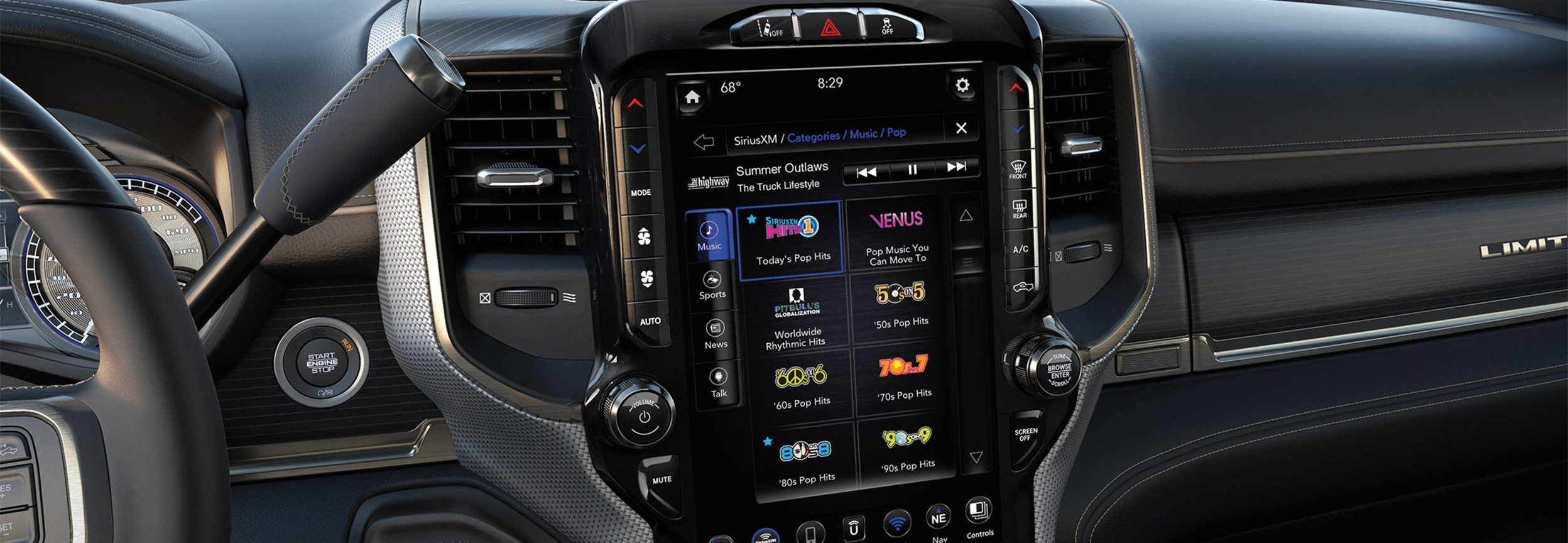 A close up view of the UConnect 5 Multimedia touchscreen display inside the 2022 Ram Chassis Cab