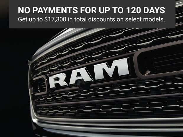 No payments for up to 120 days. Get up to $17,300 in total discounts on select models. The Ram badge on the front of a Ram 1500.