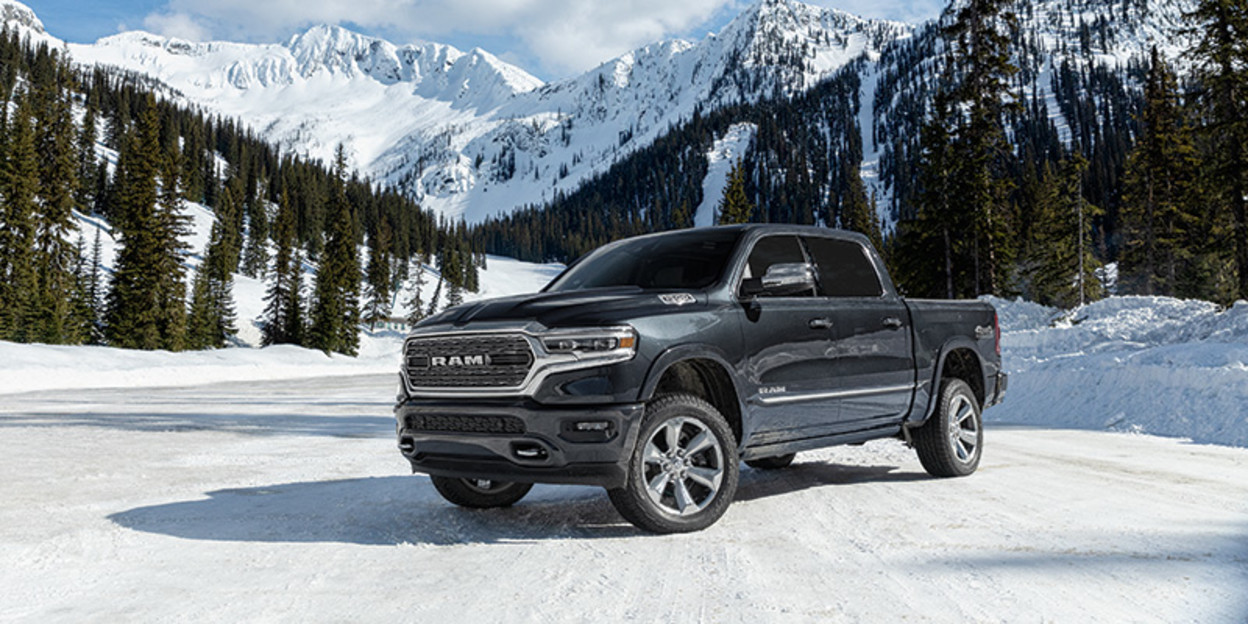 Front view of a Ram in snow.