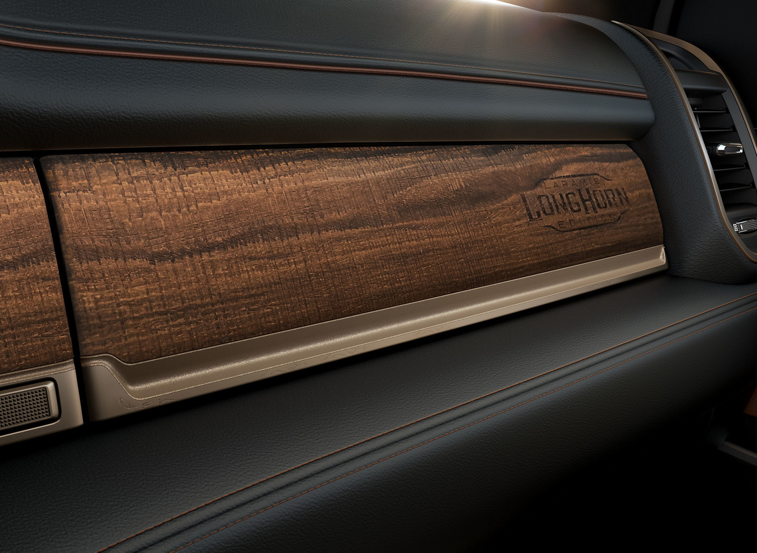 Close-up of interior light mountain brown colour wood panel on the dash of the All-New 2019 Ram 1500