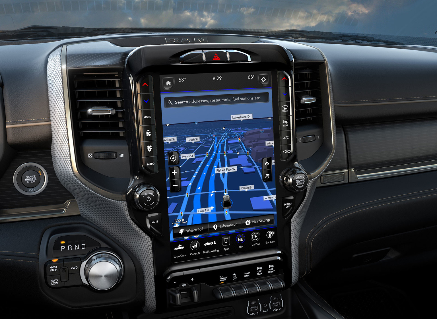 The 12 inch display infotainment system of a 2019 Ram HD pickup Truck Displaying the Uconnect Interface