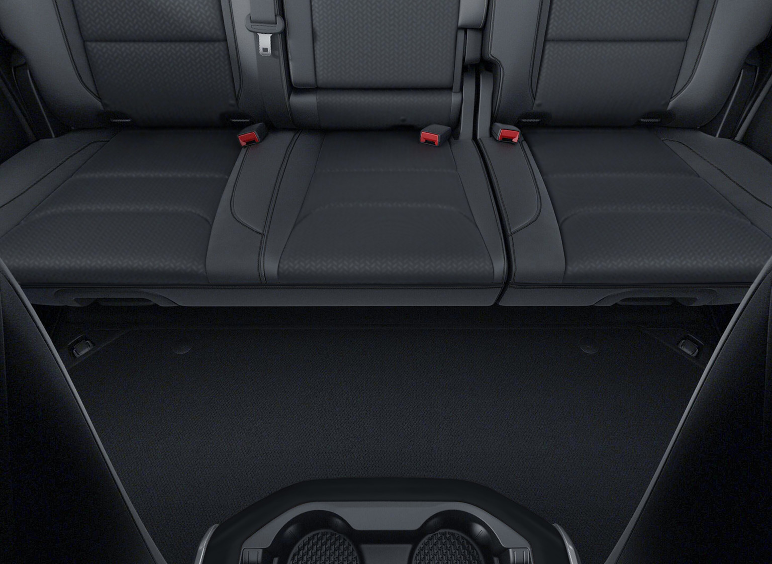 Interior view of the rear seats, showcasing the Best-in-Class rear-seat legroom of the 2021 Ram 1500 Sport Crew Cab.