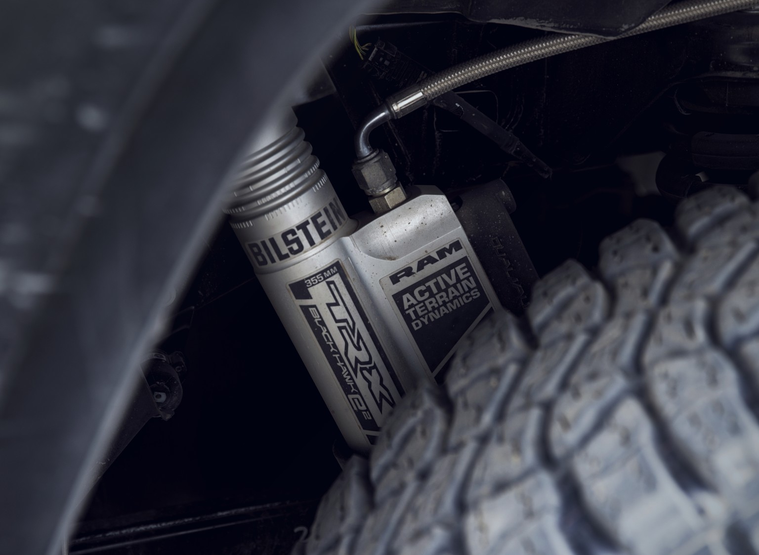 Close-up of Bilstein shocks on new 2021 Ram 1500 TRX.