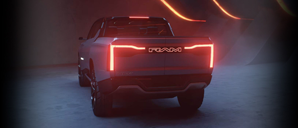 The rear of a 2023 Ram Revolution Concept truck.