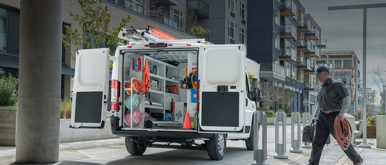 2019 Ram ProMaster rear view with back doors open, shown in white