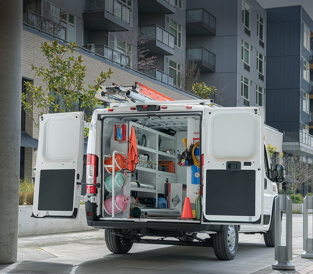 2019 Ram ProMaster rear view with back doors open, shown in white