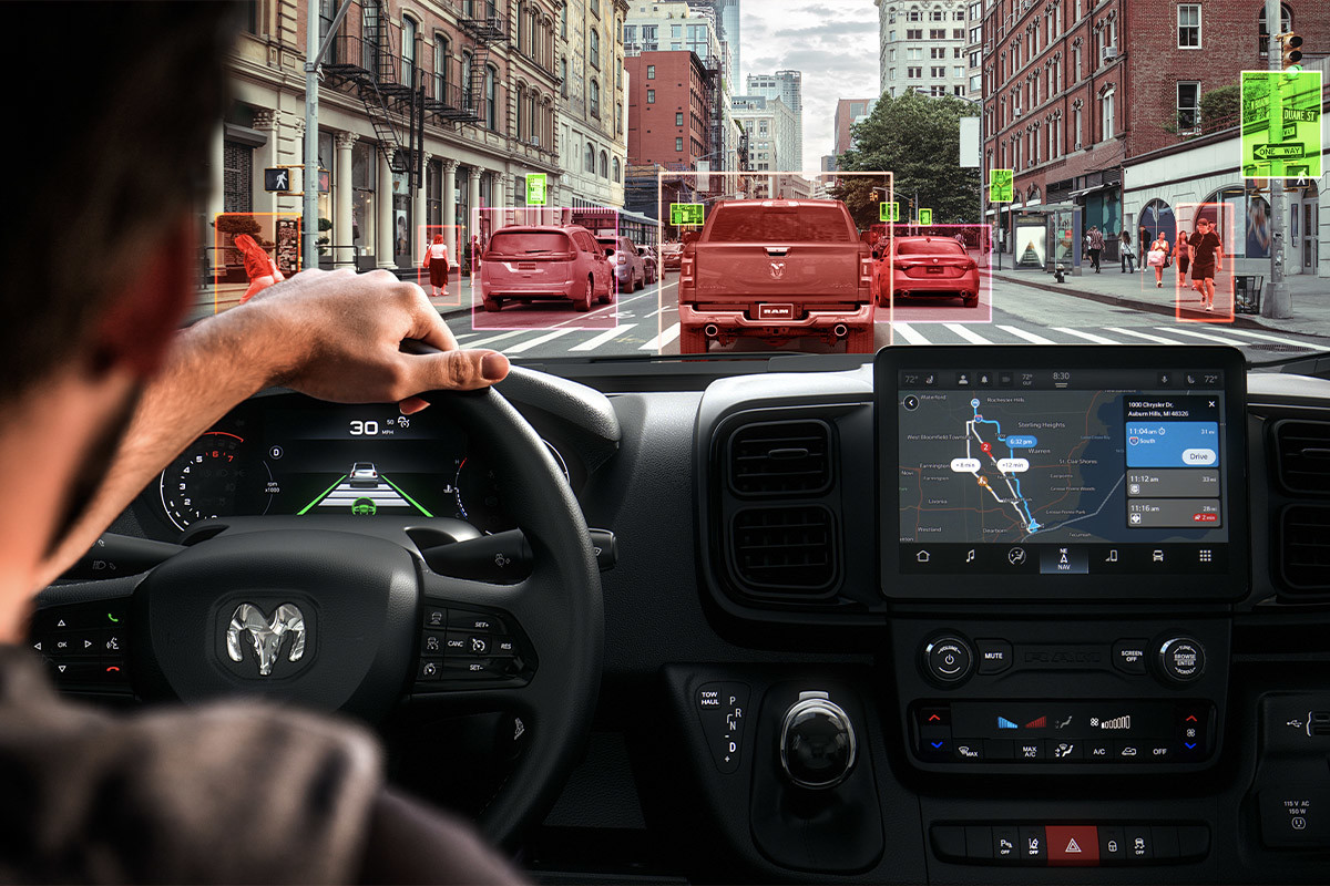 A person driving and navigating traffic in a 2022 Ram ProMaster