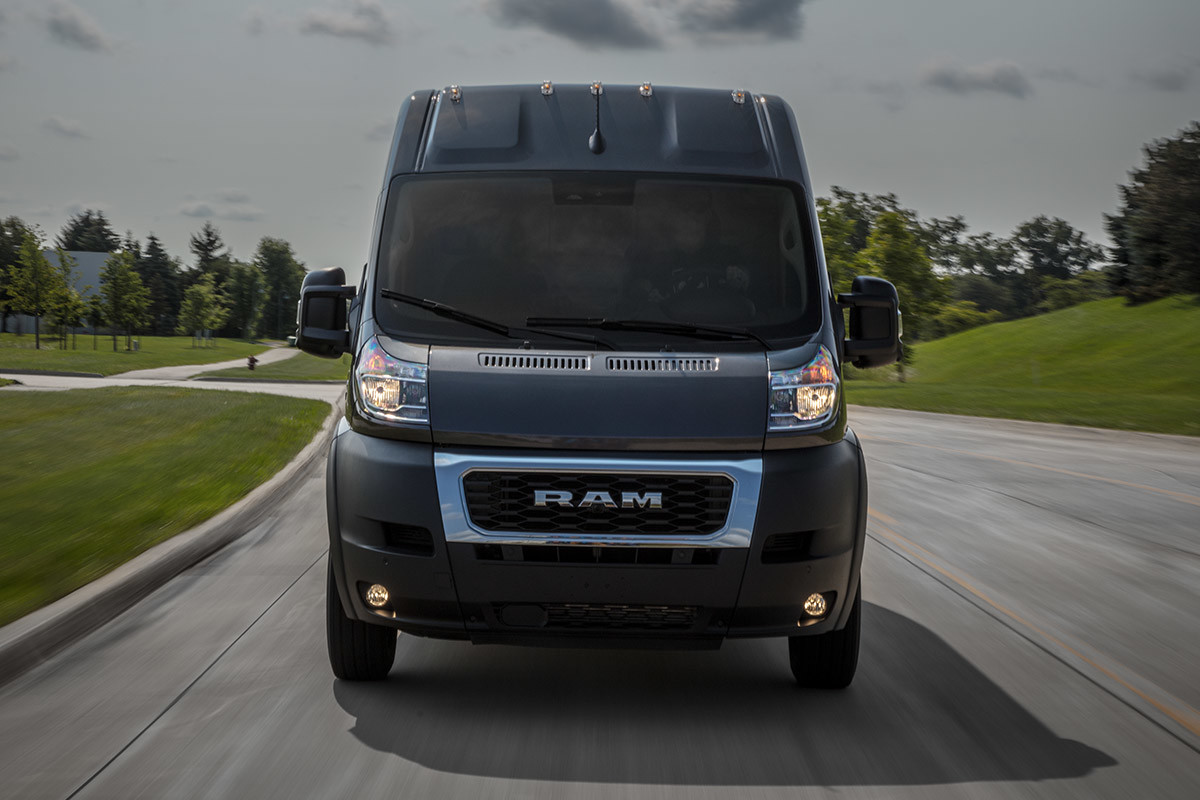 Close-up view of the steering wheel in a 2022 Ram ProMaster