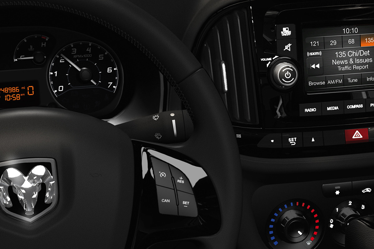 2019 Ram ProMaster City interior view of dashboard and 5-inch touchscreen with Uconnect 3 multimedia centre