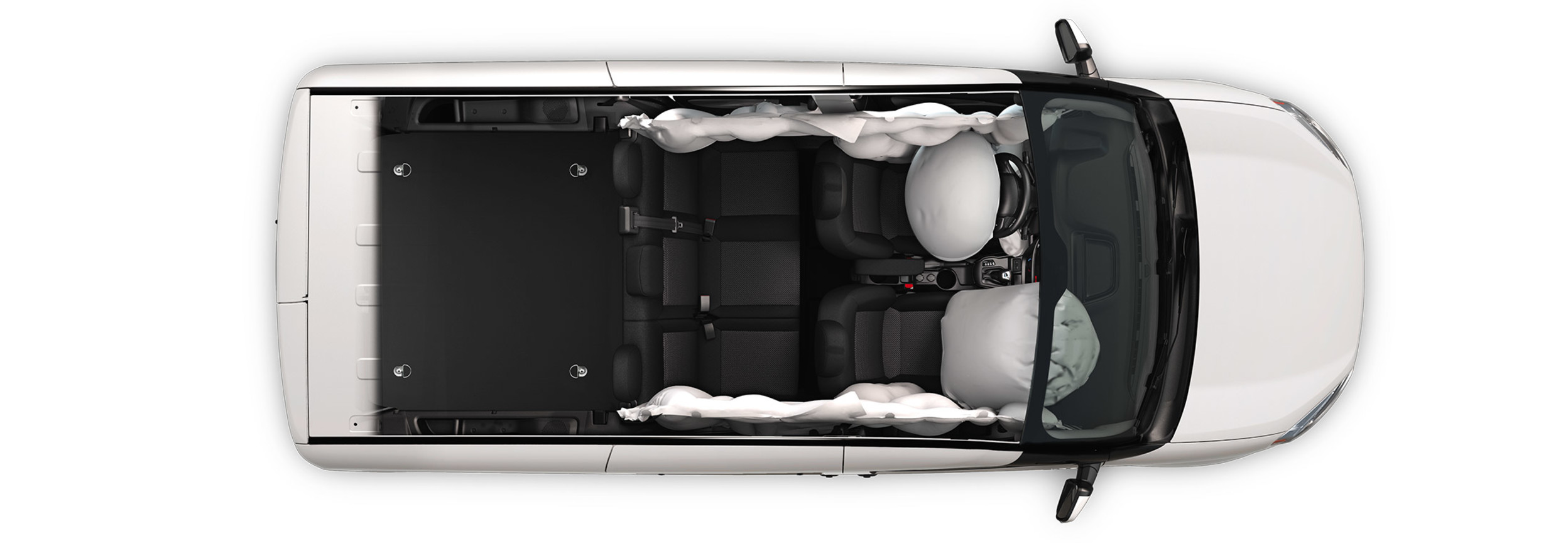 Cutaway birds-eye-view of the 2021 Ram ProMaster City showing front and side airbags deployed.