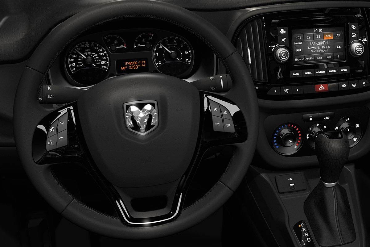 Close-up of the steering wheel in a 2022 Ram ProMaster City.