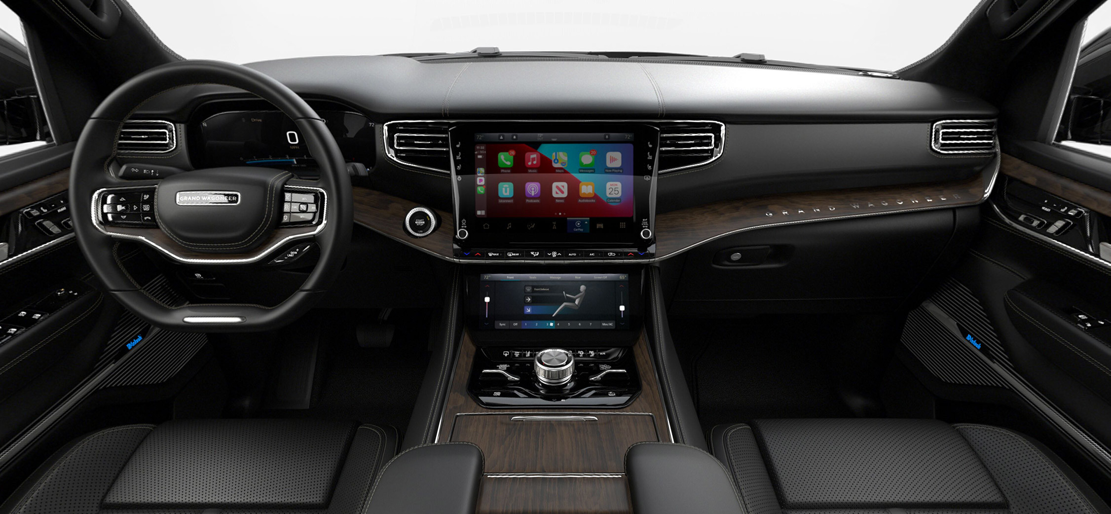 View of the interior cabin of the 2022 Grand Wagoneer in Global Black