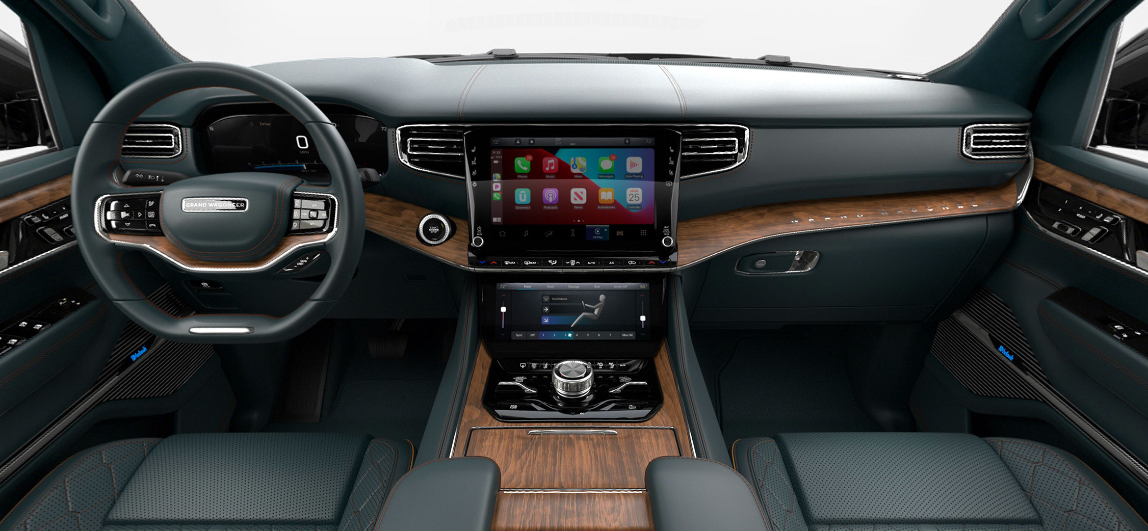 View of the interior cabin of the 2022 Grand Wagoneer in Blue Agave