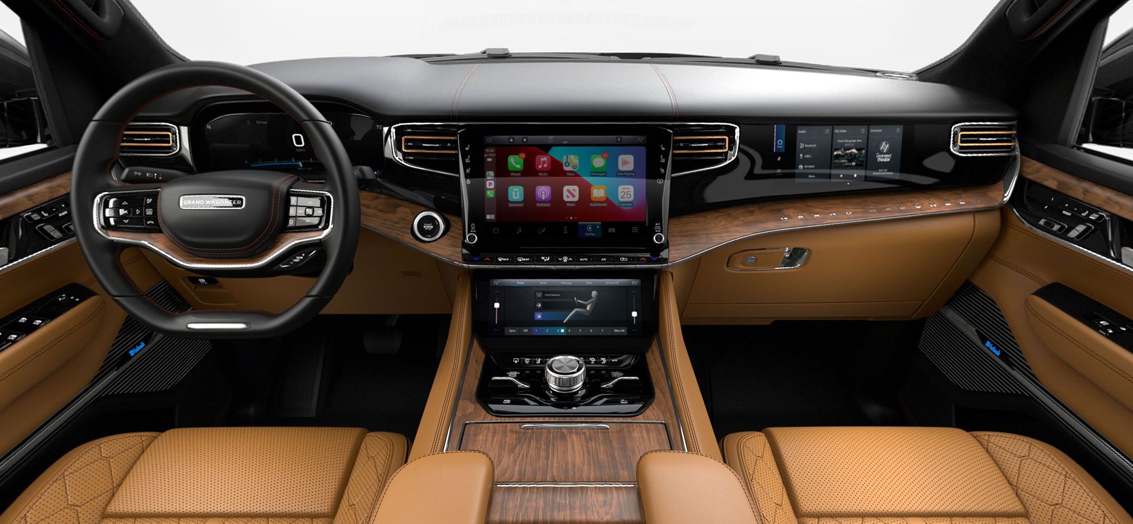 View of the interior cabin of the 2022 Grand Wagoneer in Tupelo and Global Black