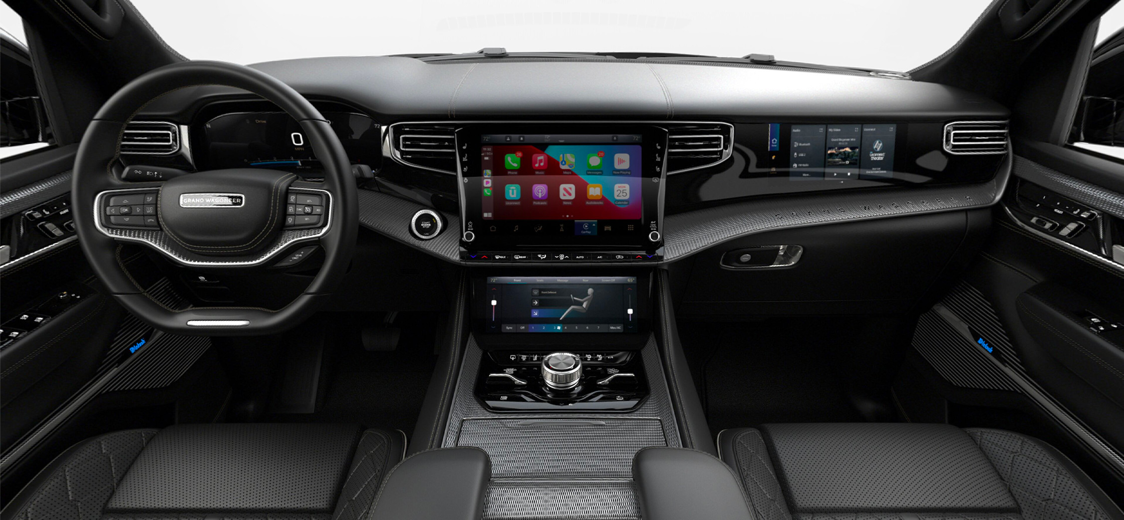 View of the interior cabin of the 2022 Grand Wagoneer in Global Black