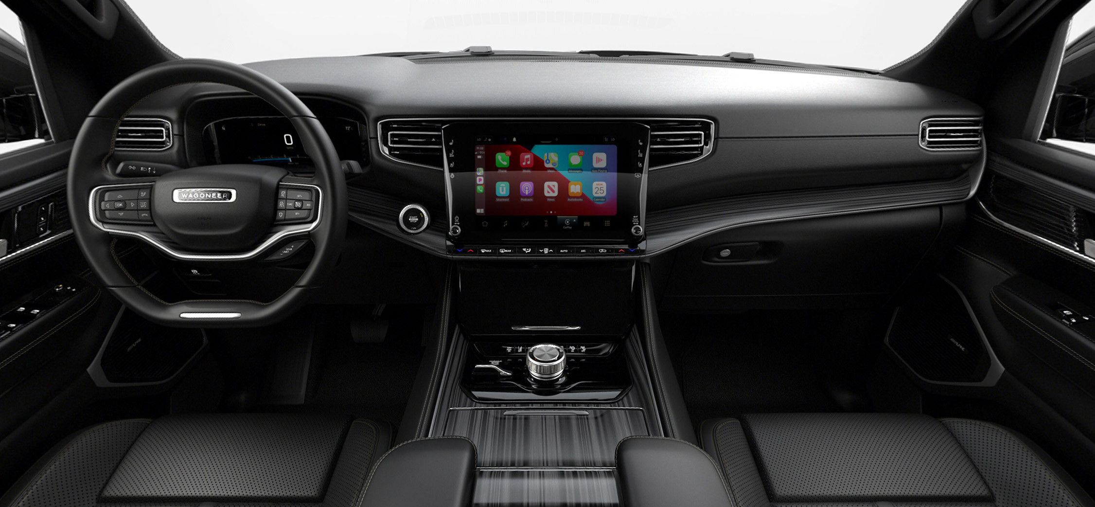 The interior of a 2022 Wagoneer showcasing global black with global black and smoke accent stitching front seats.