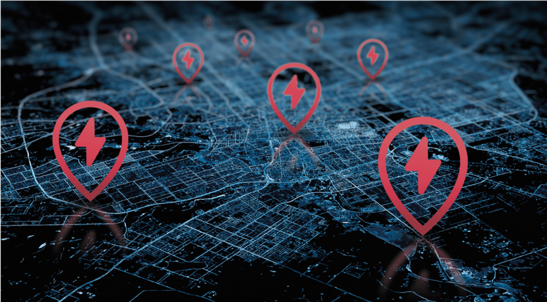 Vue d'une carte de localisation de bornes de recharge. PARCOUREZ LES BORNES DE RECHARGE DANS VOTRE RÉGION