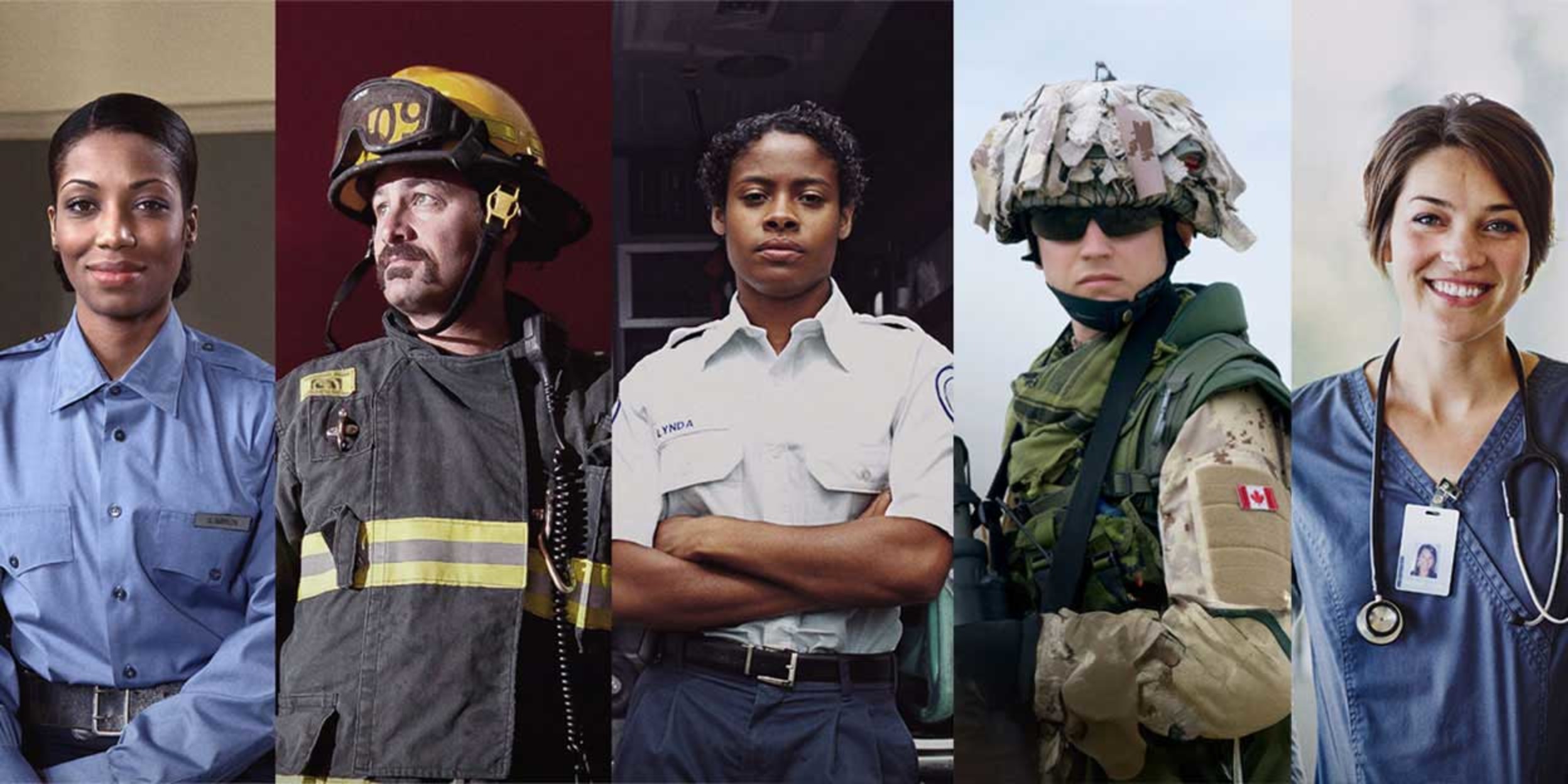 Portraits of diverse frontline services and military personnel: a police officer, firefighter, EMT, soldier, and nurse.