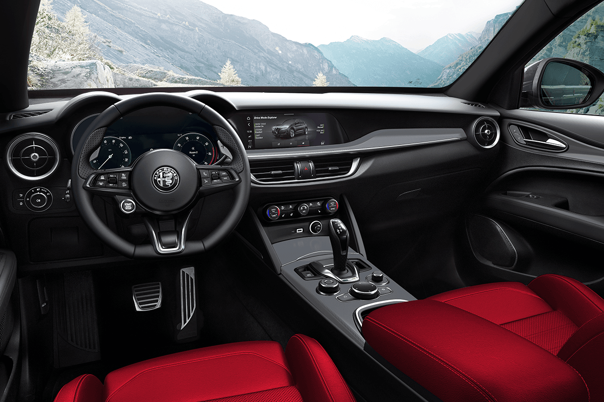 Interior of a 2025 Alfa Romeo, showcasing heated and ventilated front seats with premium leather and stitching.