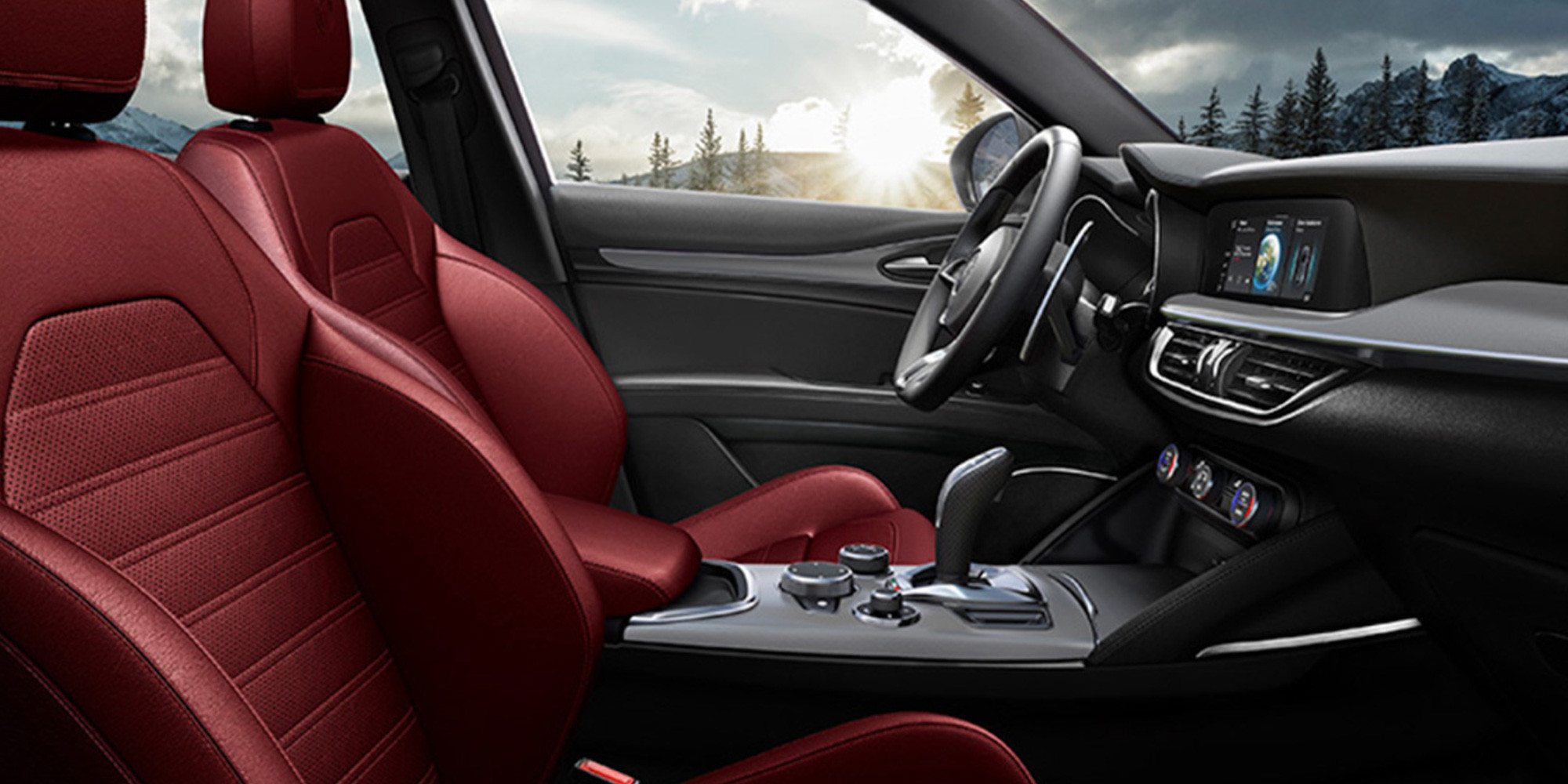 Intérieur d'une Alfa Romeo 2025, avec de luxueux sièges en cuir rouge et un tableau de bord élégant et moderne, sur fond d'un paysage pittoresque et ensoleillé visible à travers les fenêtres.