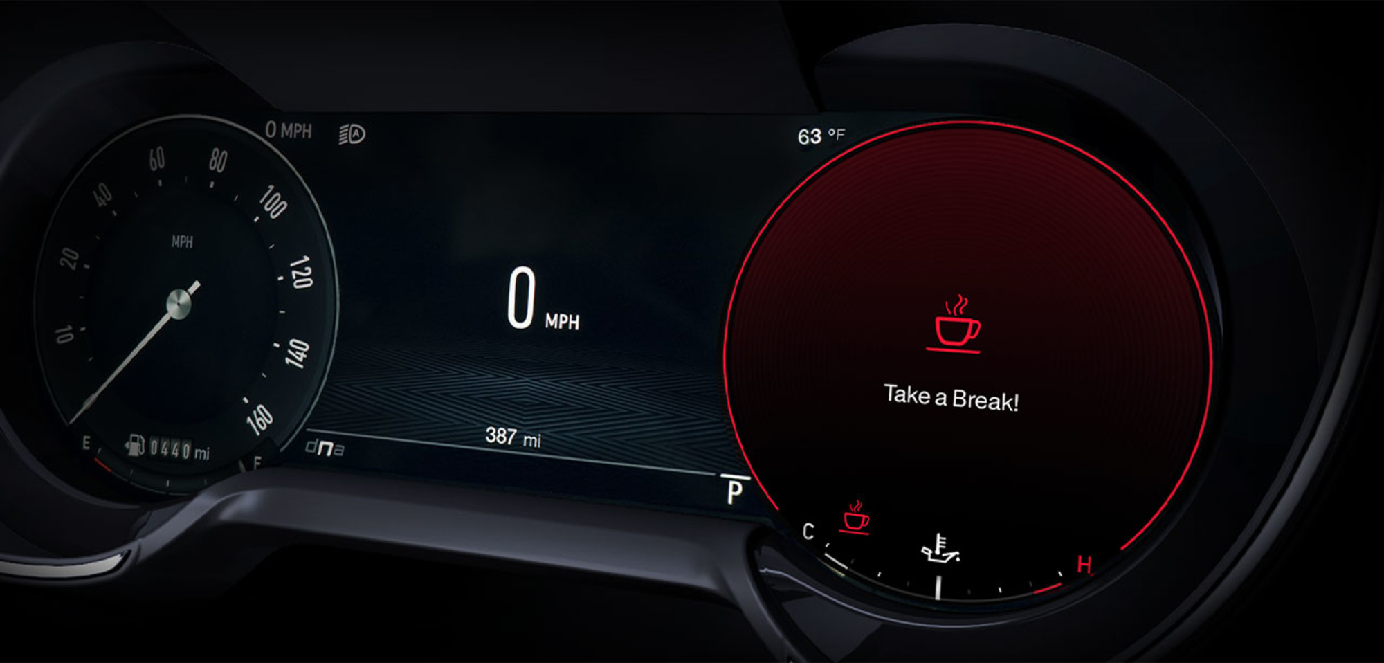 Interior view of a 2025 Alfa Romeo Giulia showcasing the digital dashboard with a ‘Take a Break!’ alert displayed.