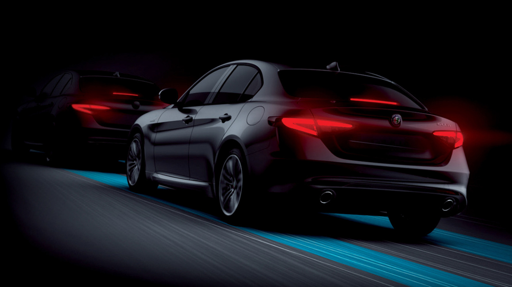 Schema of the Forward Collision Warning with Full Stop system in the 2025 Alfa Romeo Giulia, illustrating the vehicle's automatic braking response to a potential collision with a car ahead.