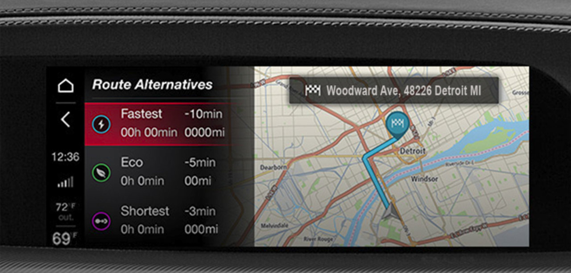 Close-up of the multimedia system in a 2025 Alfa Romeo Giulia, displaying a navigation map with route alternatives.