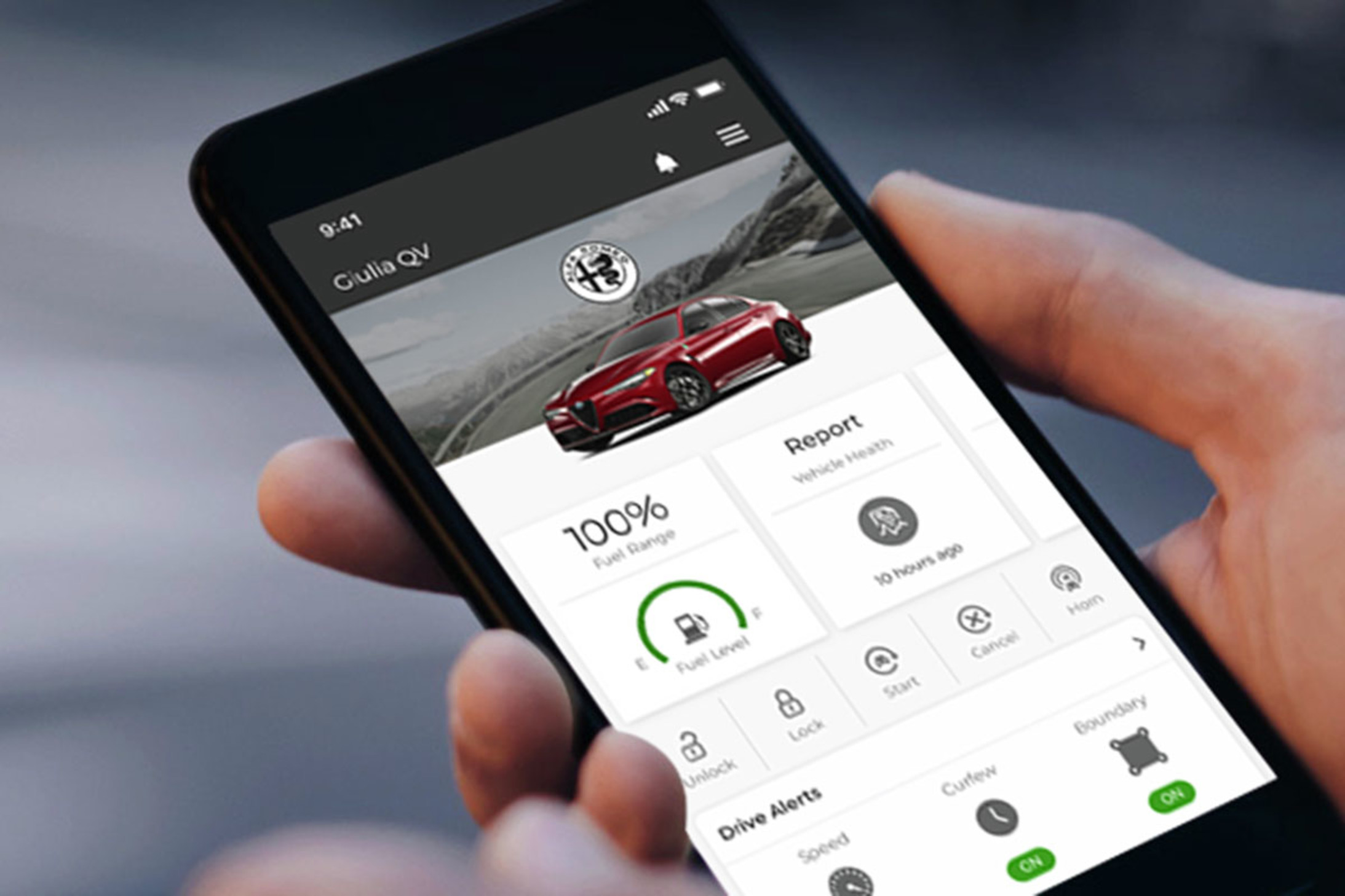 Smartphone displaying Alfa Romeo Giulia app features and vehicle status.