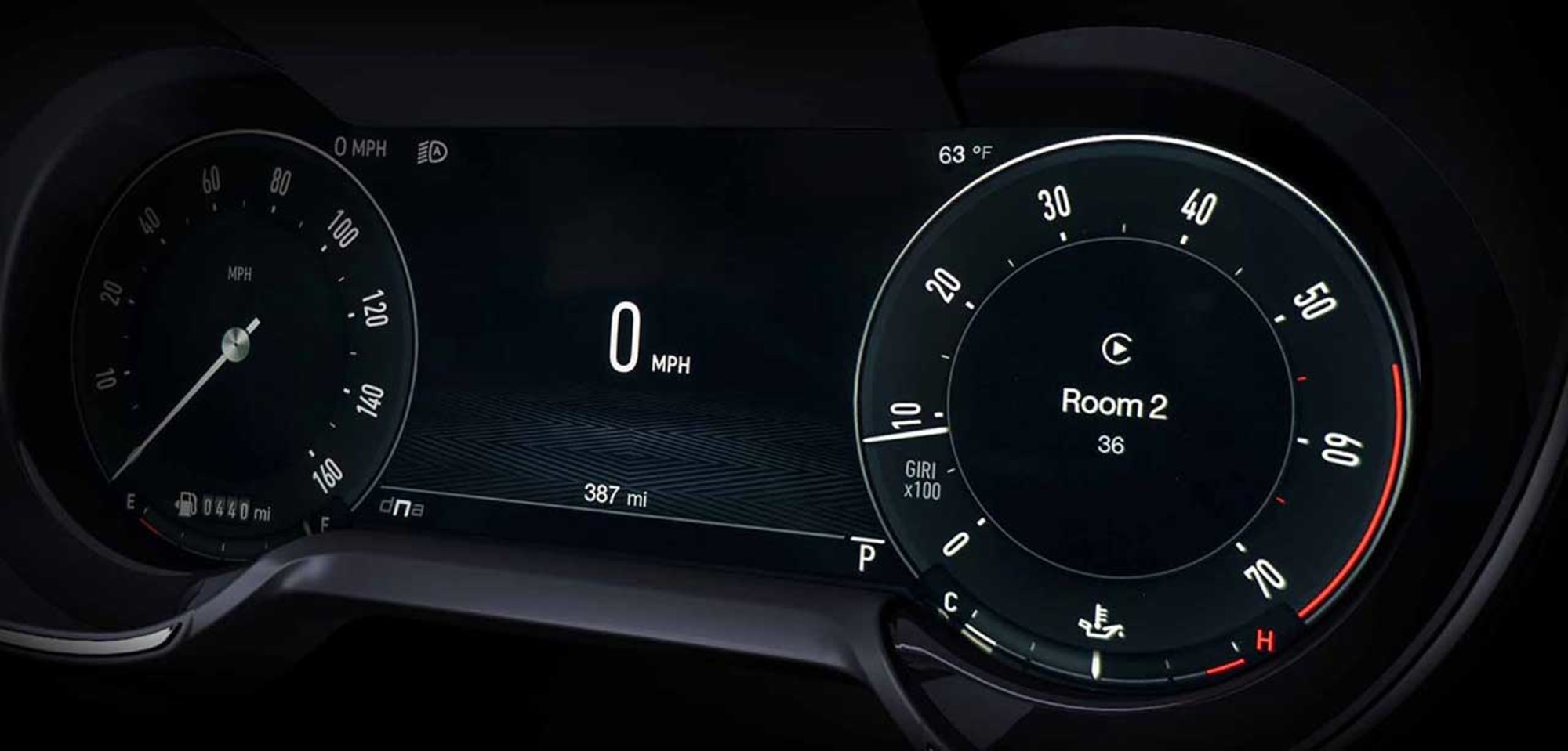 Digital cluster display of the 2026 Alfa Romeo Giulia displaying speedometer and gauges.