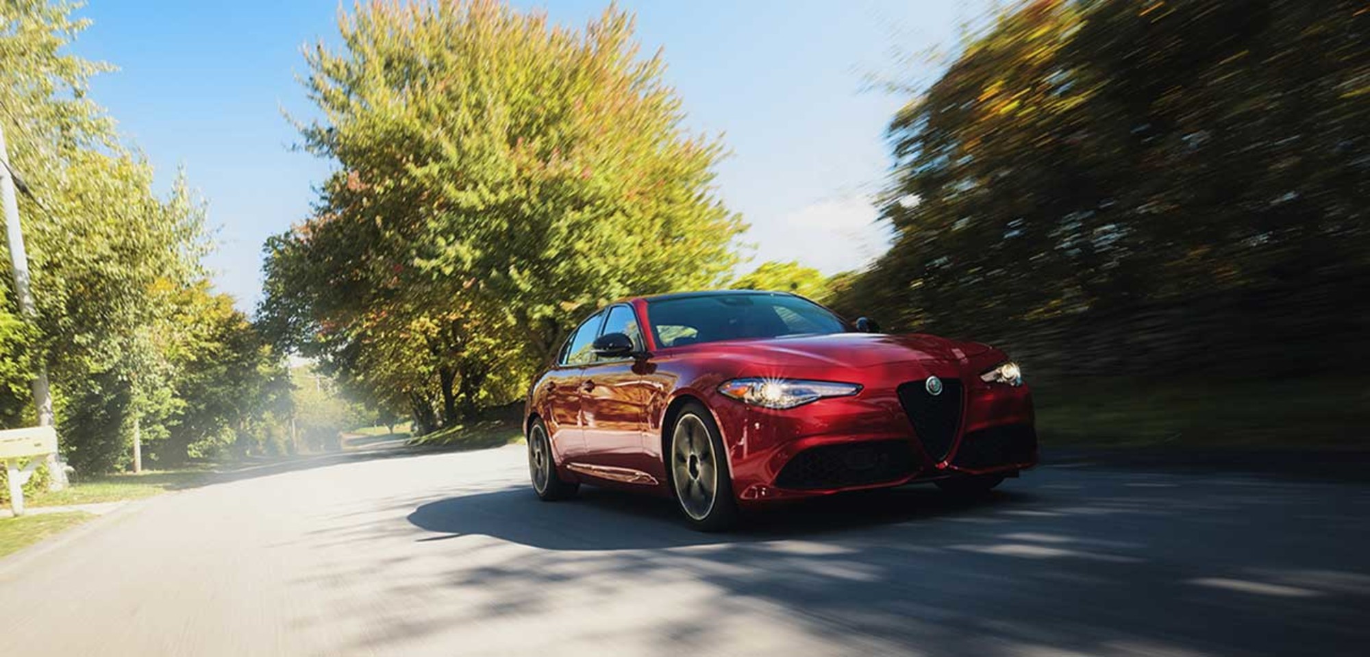 Red 2026 Alfa Romeo Giulia cruising on a tree-lined road in bright daylight.