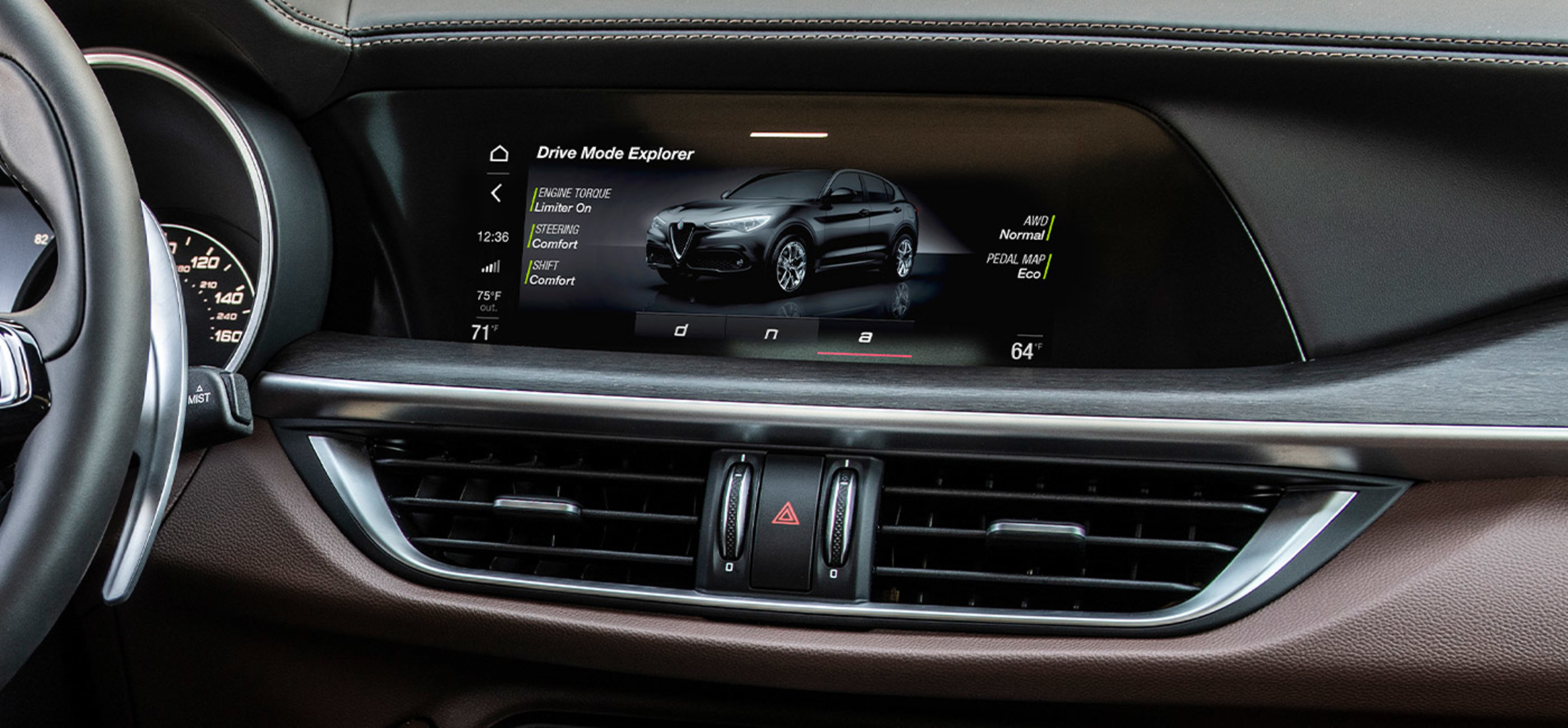 A close-up of the drive mode explorer interface displayed on the infotainment system with 8.8-inch multi-touch screen inside the Alfa Romeo Stelvio.