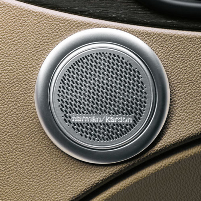 A close-up of a Harman Kardon speaker inside the 2021 Alfa Romeo Stelvio Ti Lusso.