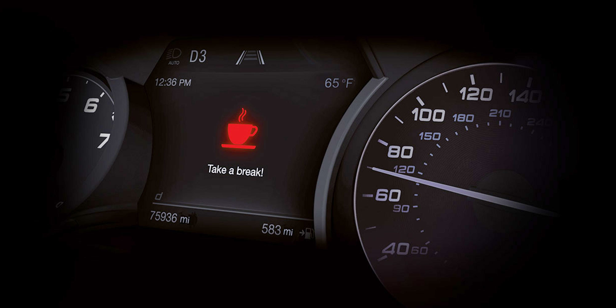 Vue intérieure d'un véhicule Alfa Romeo 2025 équipé du système d'alerte d'attention du conducteur. L'écran du tableau de bord affiche une icône en forme de tasse de café avec un message Faites une pause, indiquant une invitation au conducteur à se reposer.