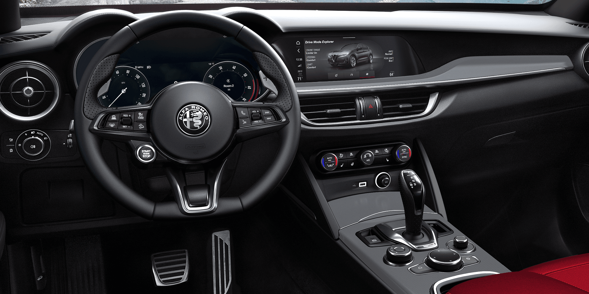 Vue intérieure d'un véhicule Alfa Romeo 2025 mettant l'accent sur le volant. Le design présente des matériaux luxueux avec des commandes intégrées, sur fond de tableau de bord avec des écrans numériques et des bouches d'aération élégantes.