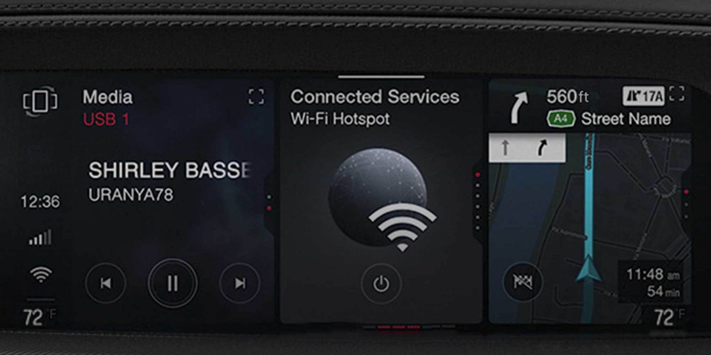 A view of the infotainment system inside a 2026 Alfa Romeo Stelvio displaying media options, connected services, and GPS navigation.