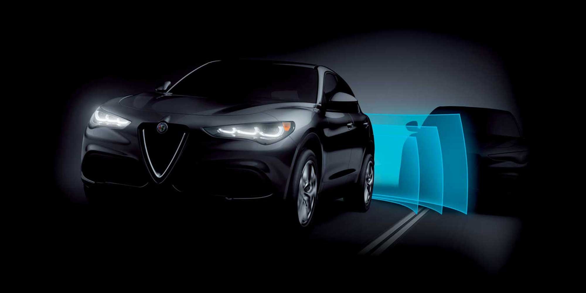 An illustration of the Active Blind-Spot Assist activated on a black 2026 Alfa Romeo Stelvio.