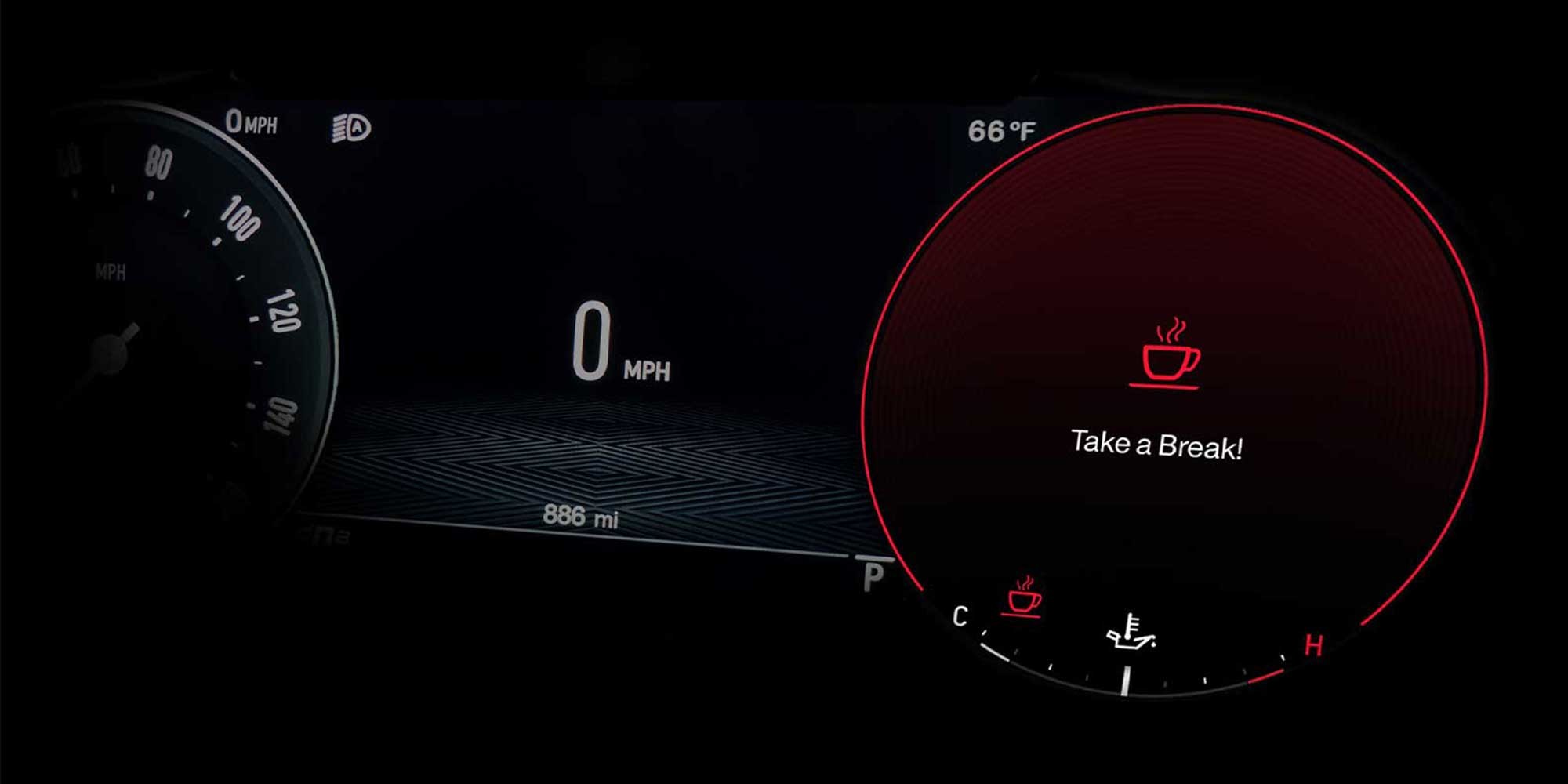 Dashboard display reminding the driver of the 2026 Alfa Romeo Stelvio to take a break, promoting safe driving habits.