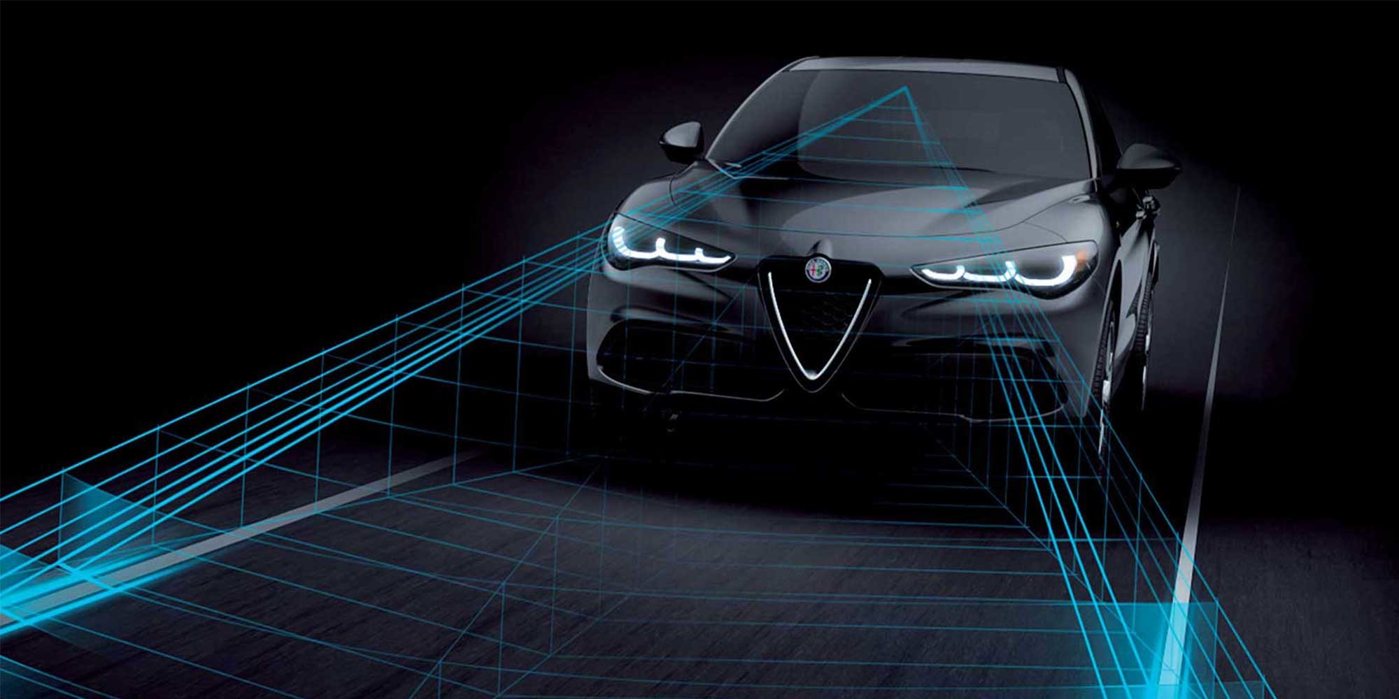 An illustration of the LaneSense Lane Keep Assist activated on a black 2026 Alfa Romeo Stelvio.