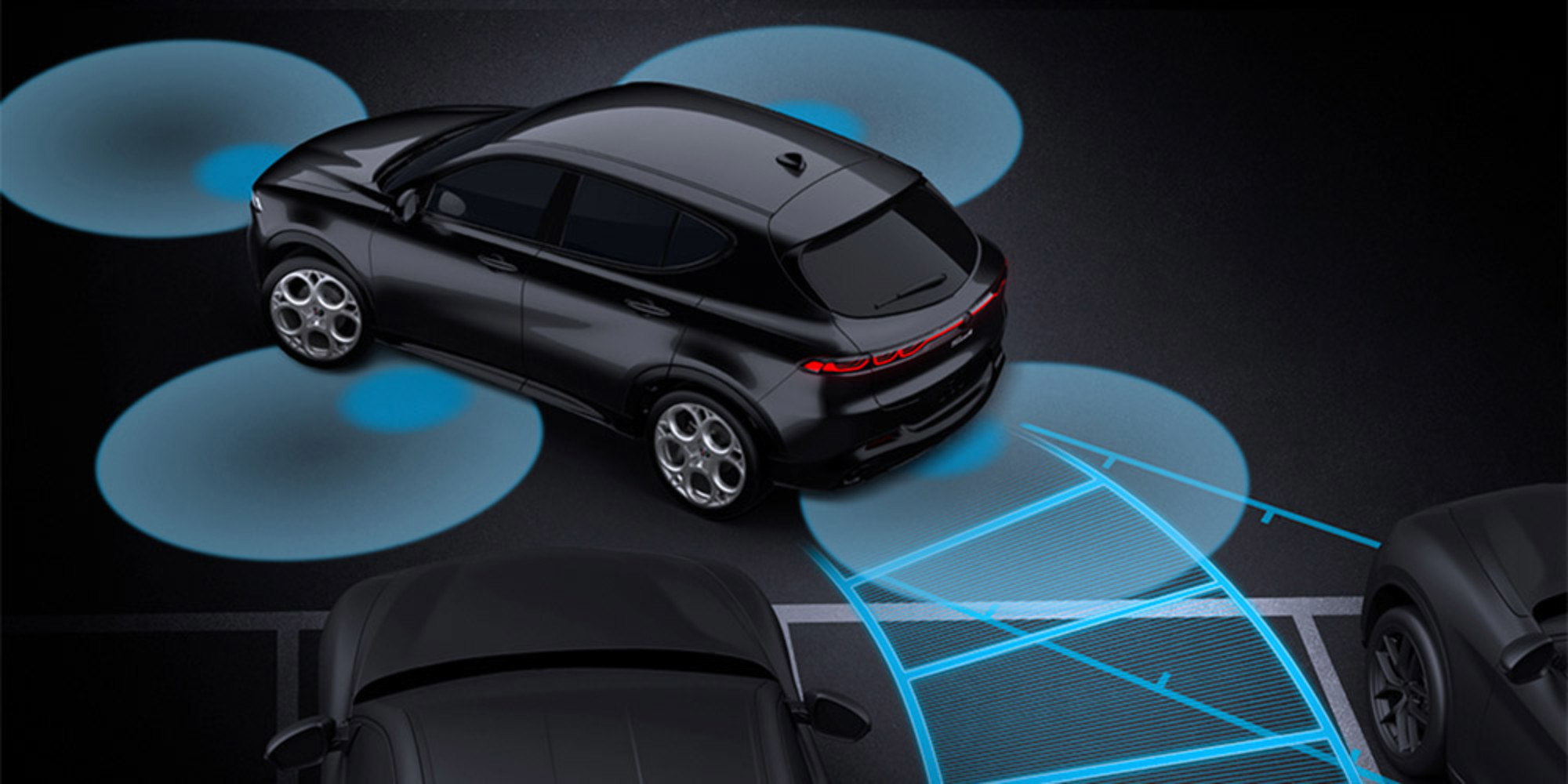 Dessin présentant le système de caméra à 360 degrés de l’Alfa Romeo Tonale 2025, mettant en évidence les capacités avancées de stationnement et de détection du véhicule.