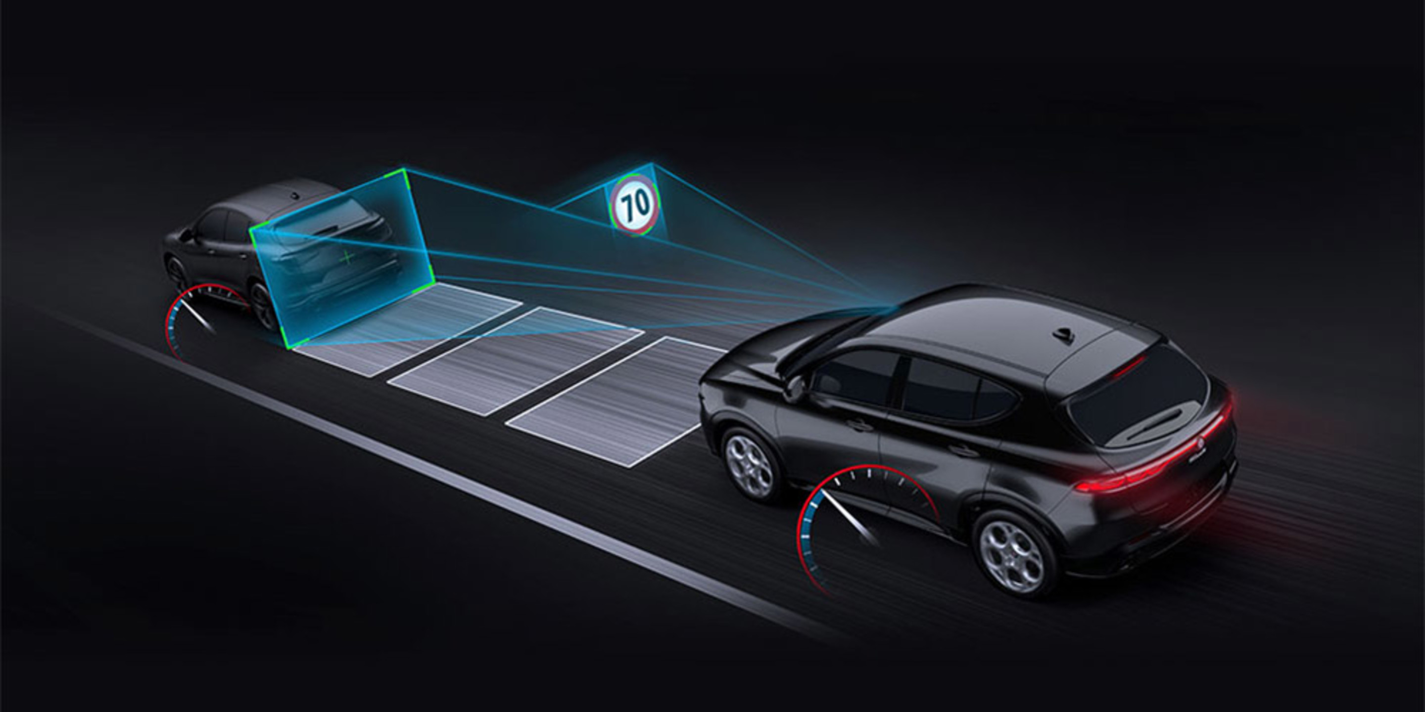 Drawing showcasing the intelligent adaptive cruise control system in the Alfa Romeo Tonale, illustrating the vehicle maintaining a safe distance from the car ahead and recognizing speed limit signs.
