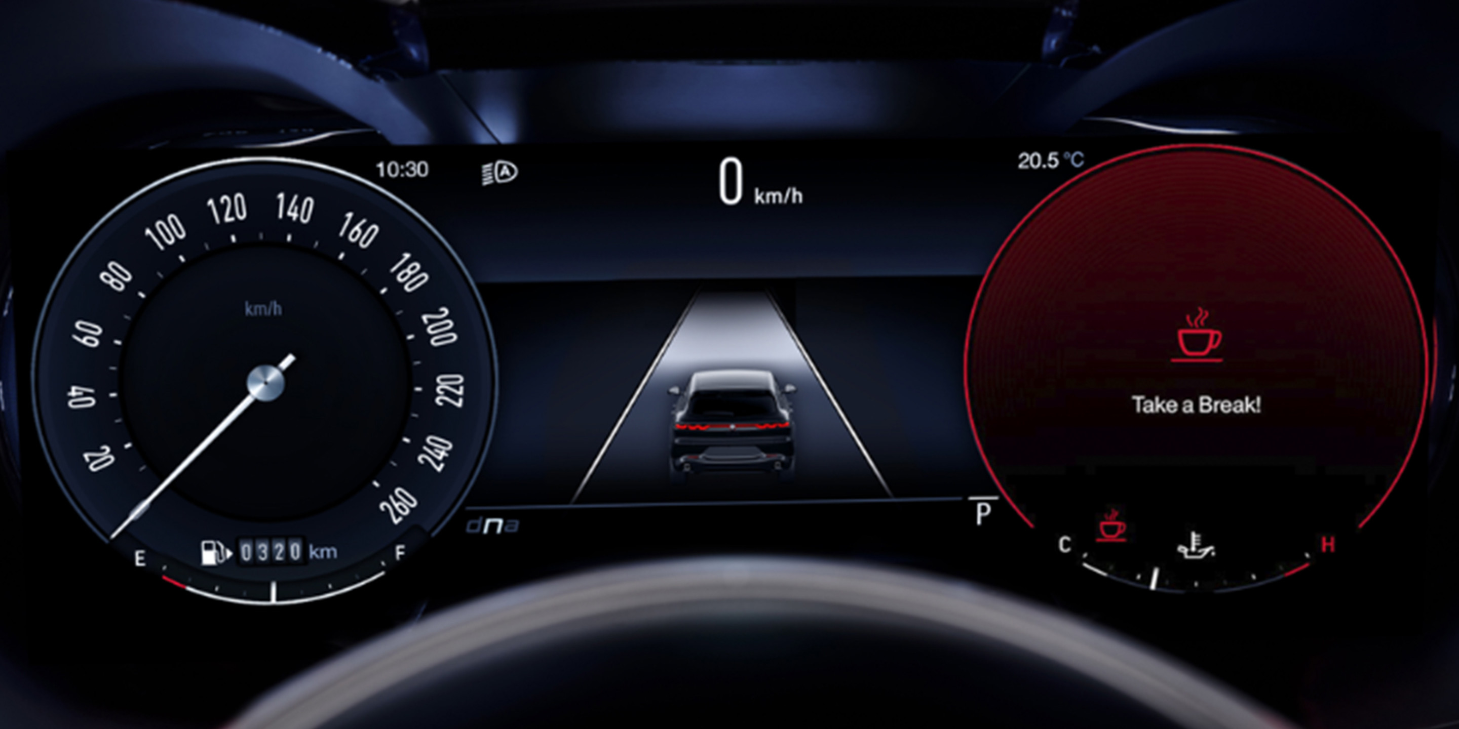 Interior of a 2026 Alfa Romeo Tonale Gas showcasing the driver attention alert on a digital display with speedometer, indicating a reminder to "Take a Break!".