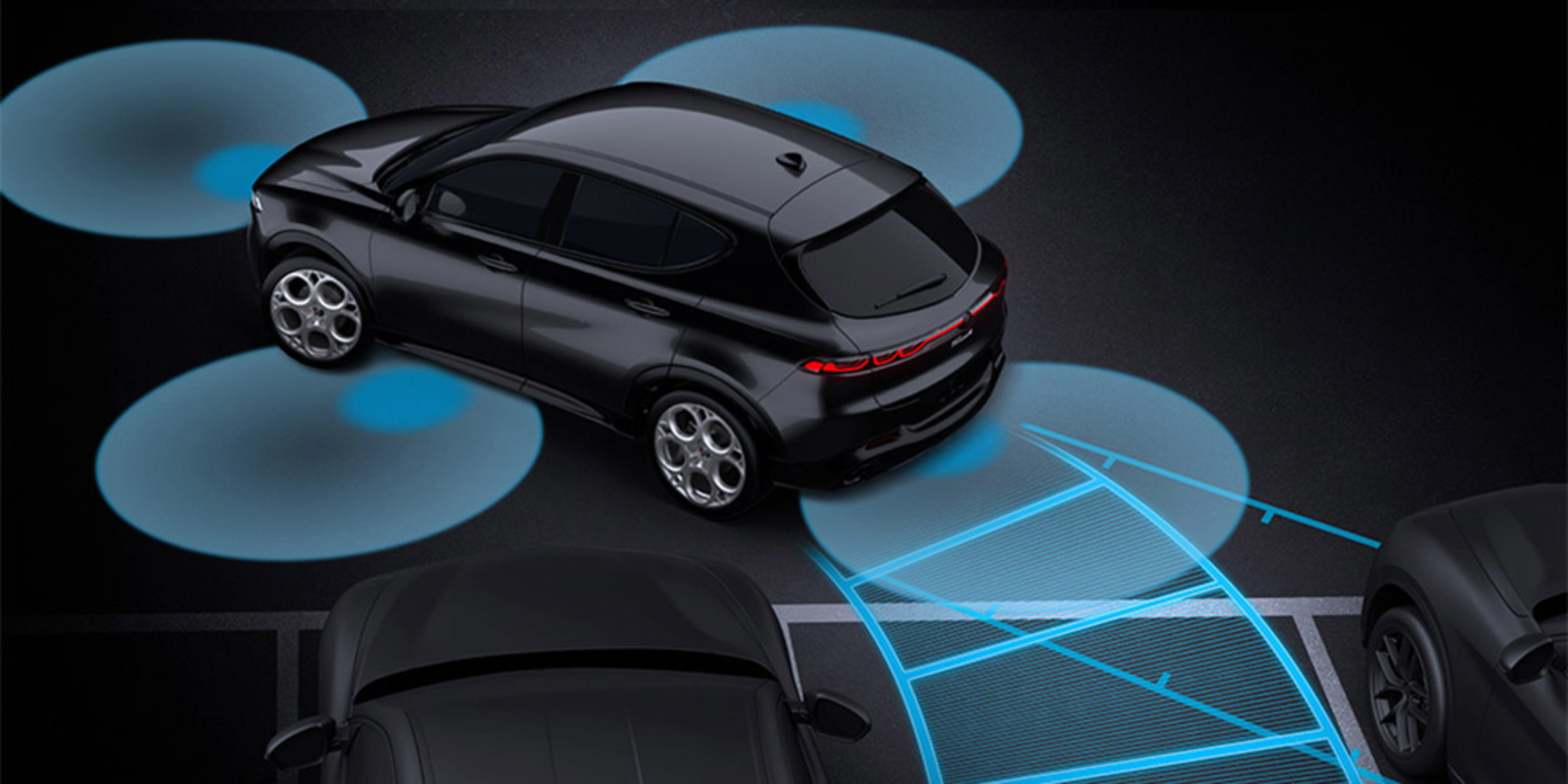 Dessin présentant le système de caméra 360 degrés de l'Alfa Romeo Tonale VHR 2025, mettant en évidence les capacités avancées de stationnement et de détection du véhicule.