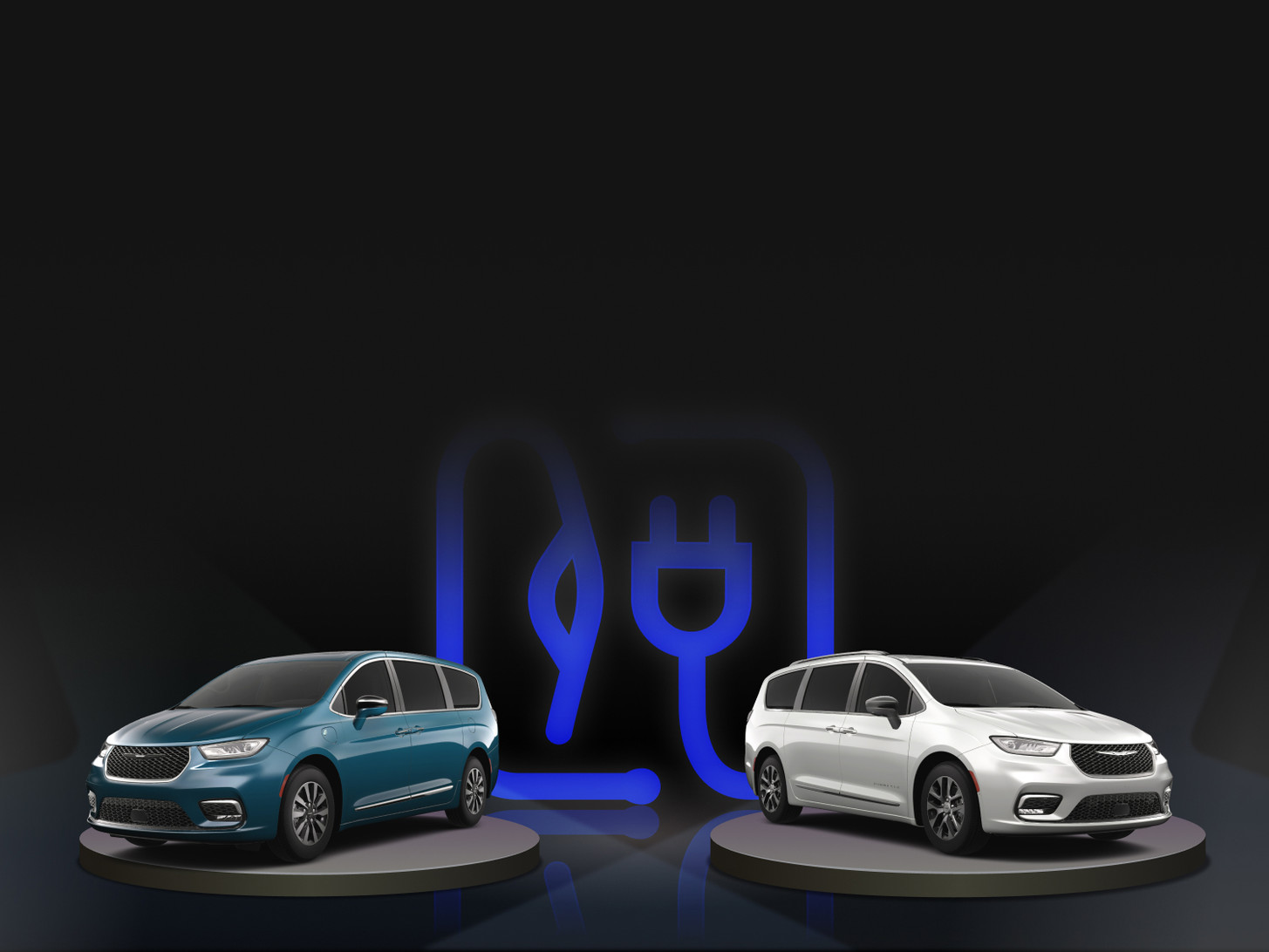 View of a blue 2023 Chrysler EV and a white 2023 Chrysler EV against a black background.