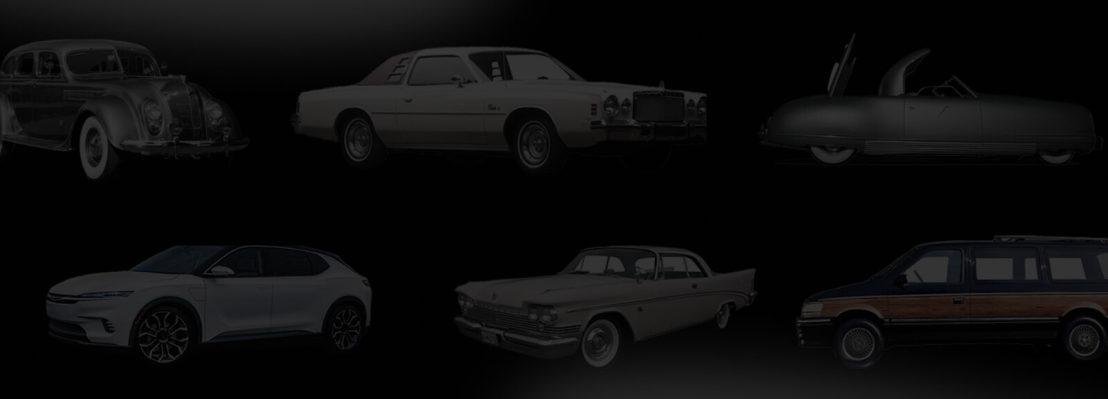 Un collage de différents modèles de voitures Chrysler dans un décor sombre.