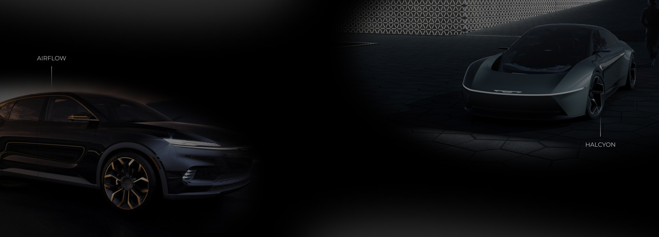 A view of two 2024 Chrysler Halcyon Concept vehicles from different angles in a dark and dim setting. 