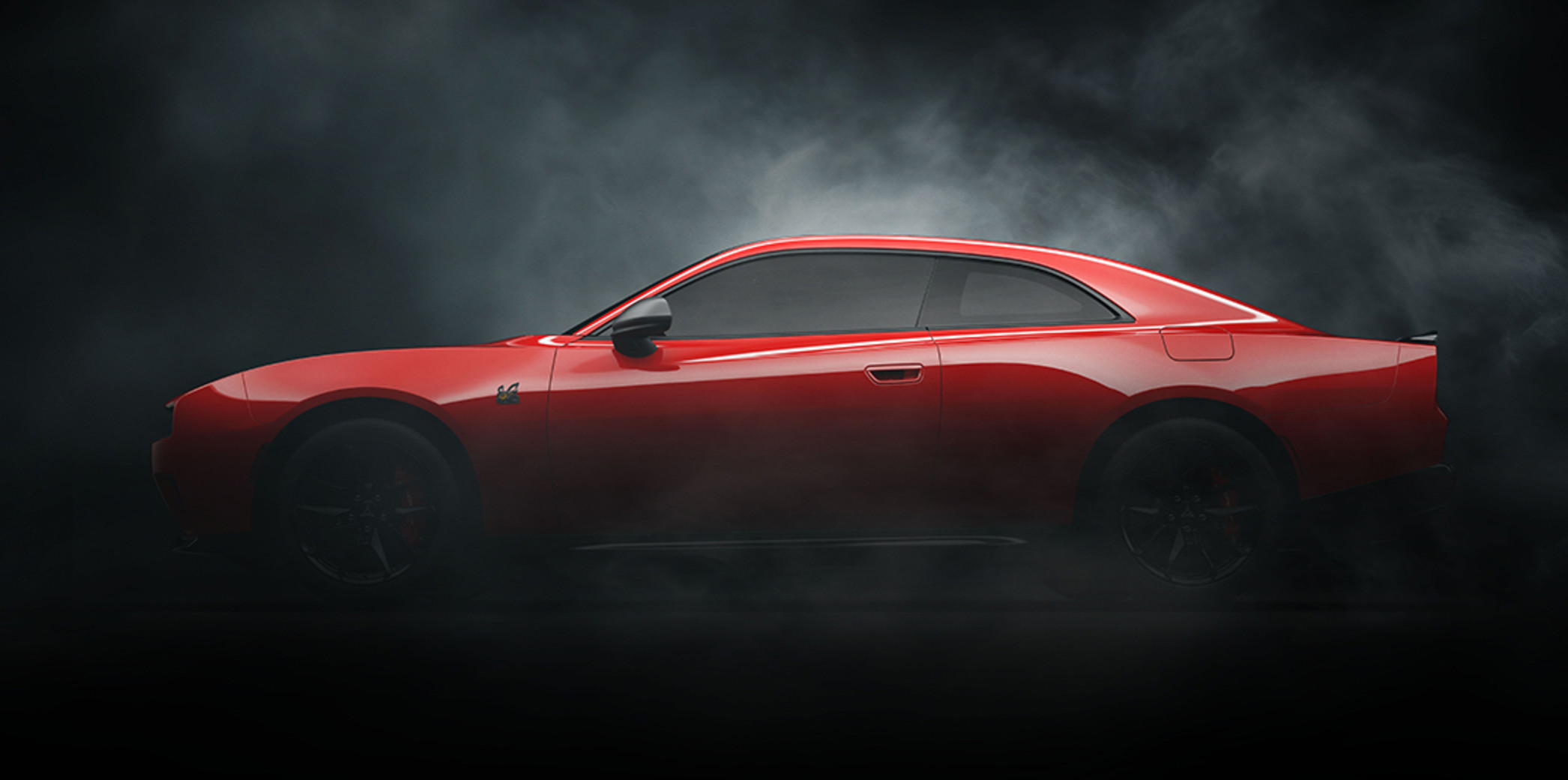 A profile view of a red Dodge Charger with smoke appearing from around the vehicle in a dark room.