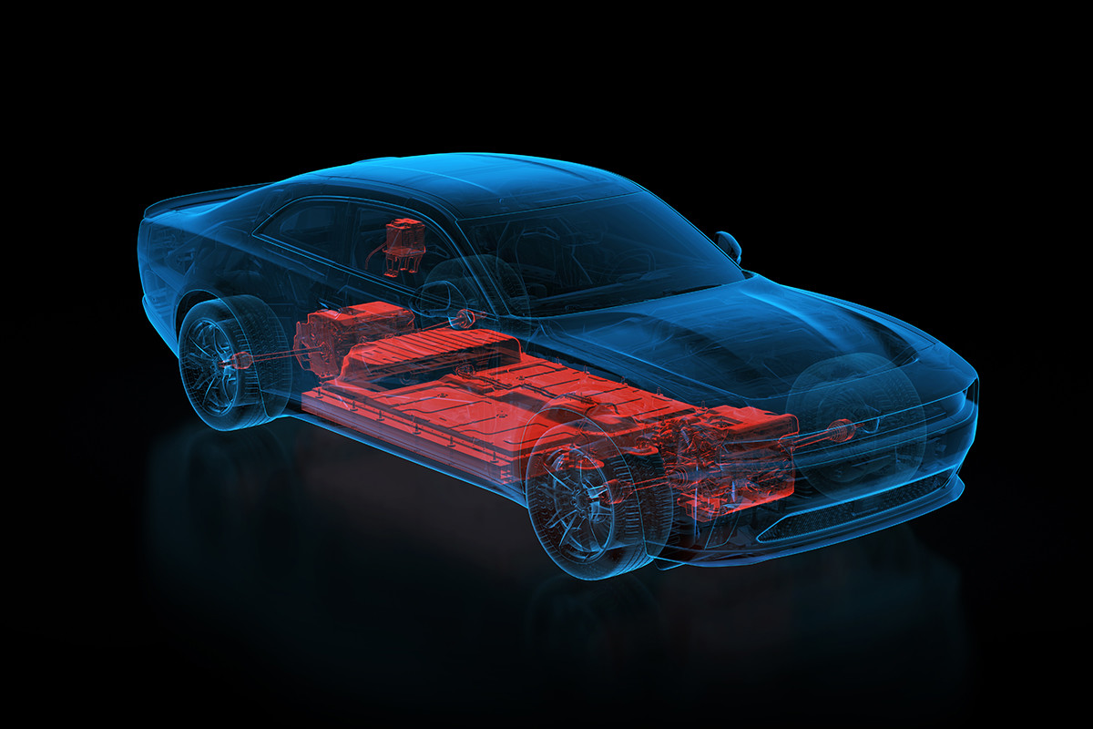 A view of the Electric Dual Motor depicted in red, shown on the inside of a rendering of a Dodge vehicle.
