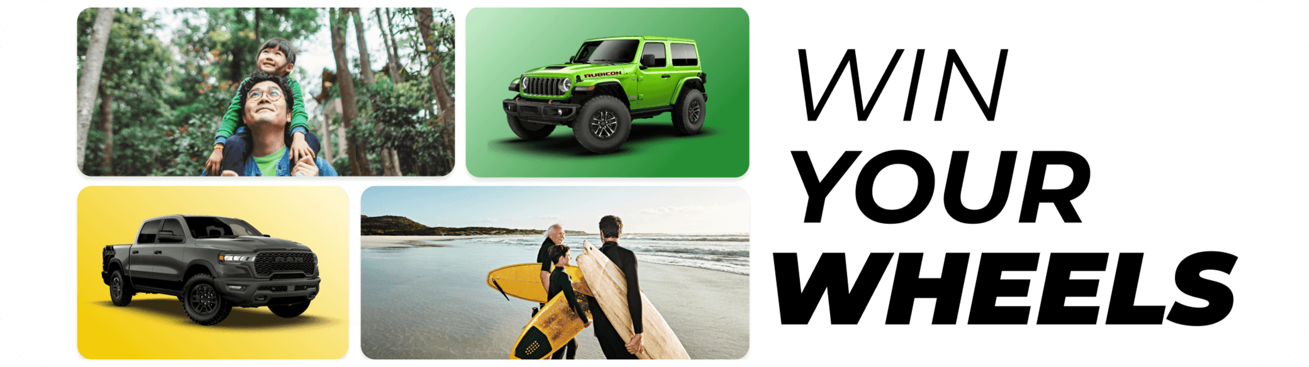 Promotional graphic for a car giveaway featuring a Ram truck, a Jeep Wrangler, and families at the beach and forest.
