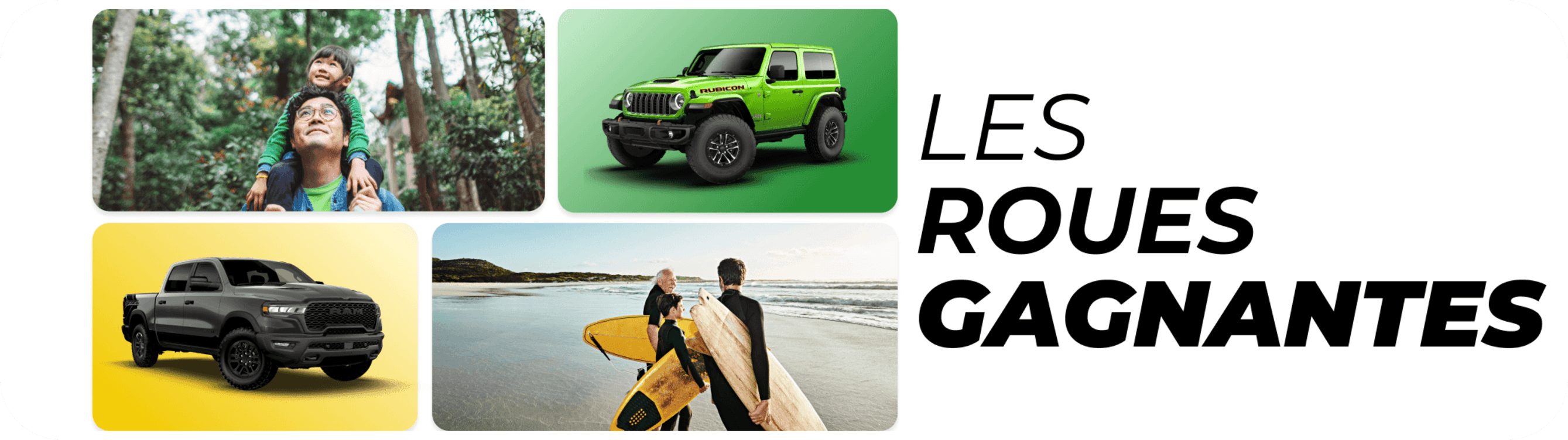 Visuel promotionnel pour un concours mettant en scène un camion Ram, un Jeep Wrangler et des familles à la plage et en forêt.