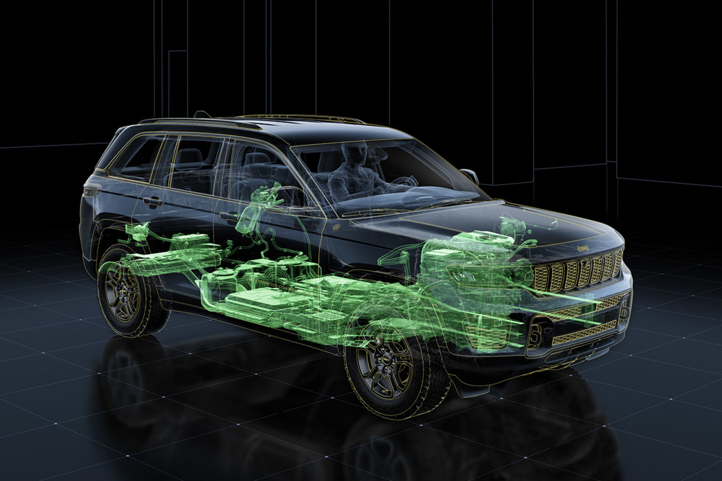 View of the 2023 Jeep Grand Cherokee 4xe PHEV Hybrid Mode activation highlighted in green.